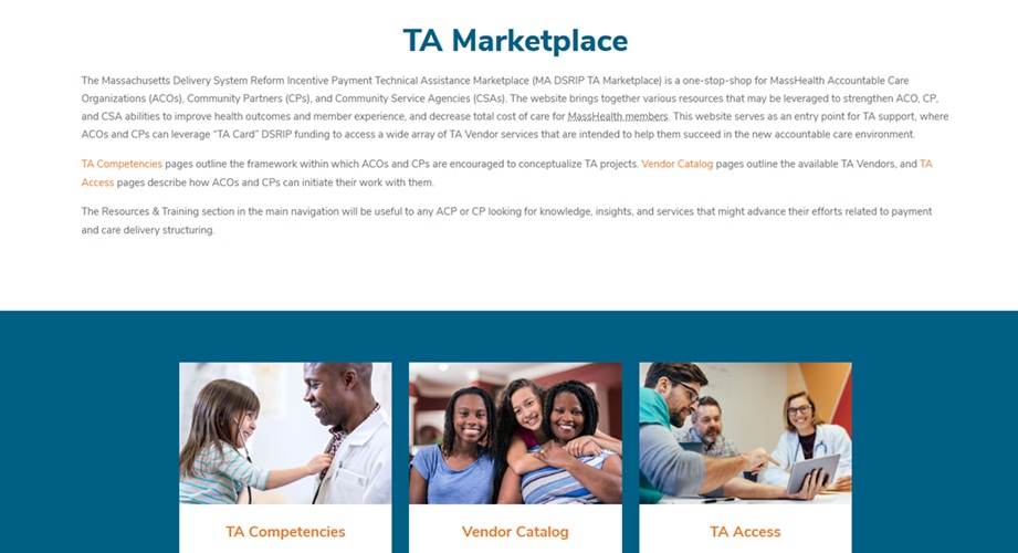 MA DSRIP TA Marketplace website showing the TA Marketplace overview with TA Competencies, Vendor Catalog, and TA Access sections