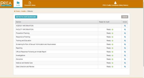 PREA Online Audit System interface showing the Pre-Audit Questionnaire with audit sections marked ready for audit