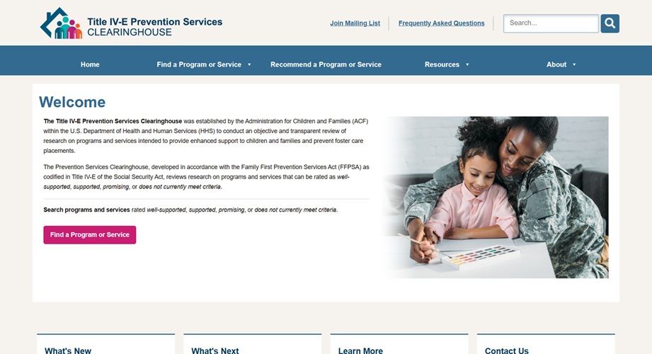 Title IV-E Prevention Services Clearinghouse website homepage with program search and welcome content