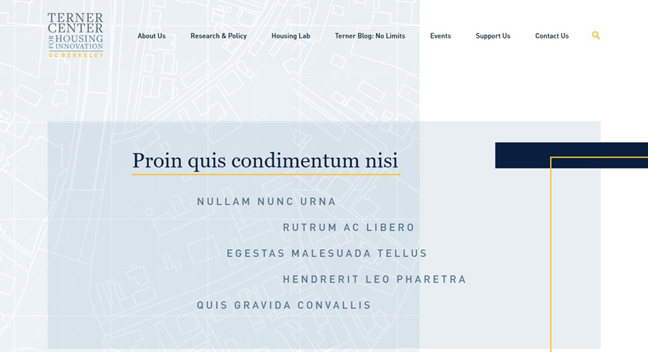 Terner Center for Housing Innovation website with UC Berkeley branding and blueprint-style background